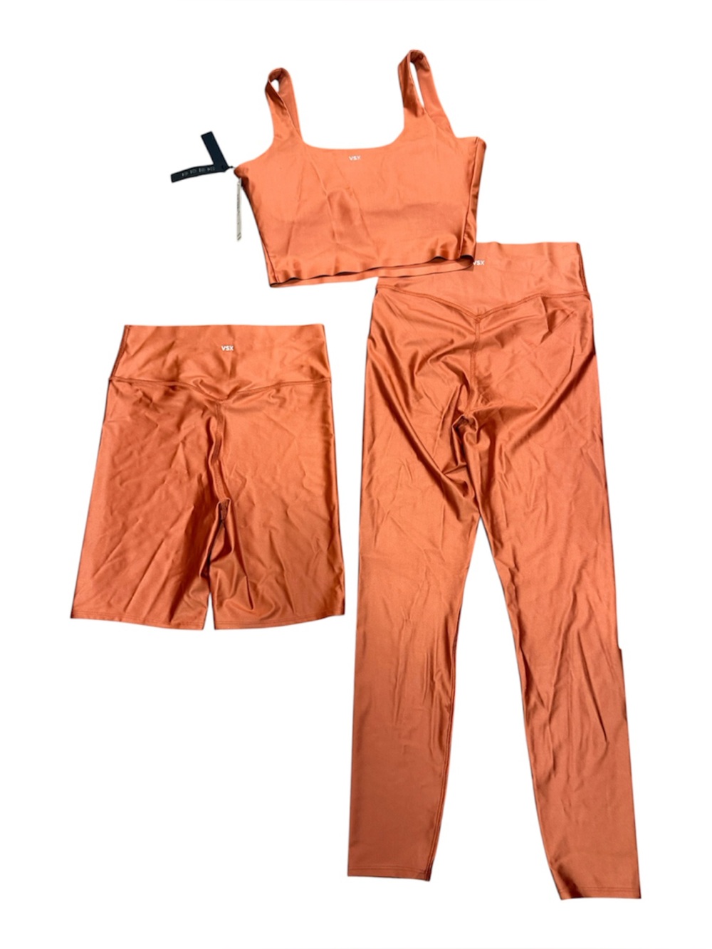 BURNT ORANGE NWT Victoria’s S VSX GlossyTech Leggings Shorts Sports Bra Set M - Picture 4 of 7